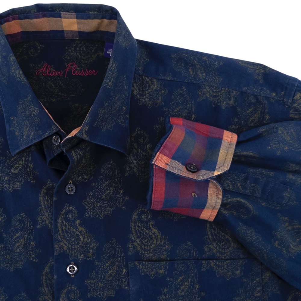 Alan Flusser Mens Med. Long Sleeve Paisley Button Up Shirt Flip Cuff Blue Yellow